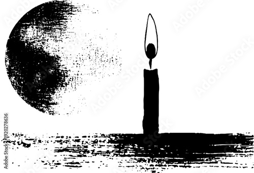 Mystical moon and candle in high contrast ink design for posters and prints