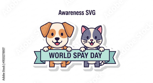 Cute dog and cat holding world spay day banner awareness campaign for pet sterilization