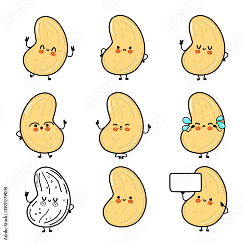 Cute cashew nuts cartoon characters set expressing emotions
