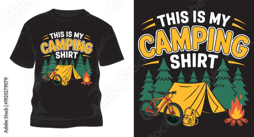 Camping shirt graphic design featuring mountain bike tent and campfire in evergreen forest