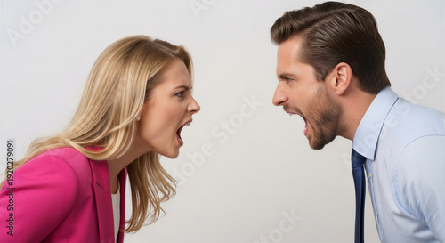 Young couple arguing and shouting at each other indoors  