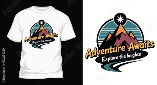 Adventure awaits explore heights mountain peak t-shirt design with compass star and sunset landscape