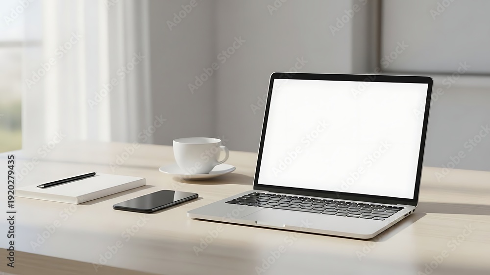 Fototapeta premium Minimal Laptop Computer on Clean Office Desk for Remote Work and Home Office Workspace Concept