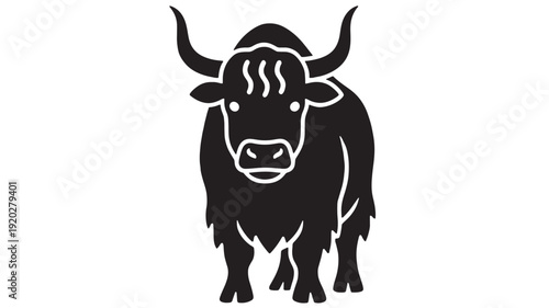 Bull silhouette icon with horns and shaggy fur, strong livestock animal symbol in minimalist flat style, black and white vector logo isolated on white background