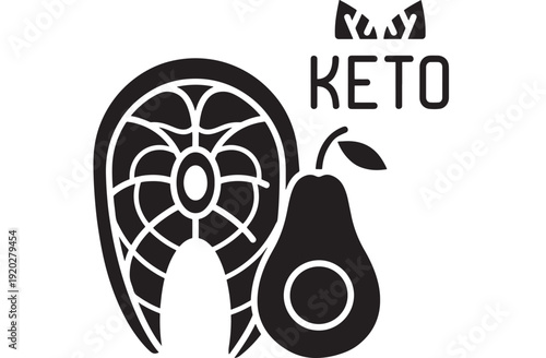 Icon keto diet with steak cut and avocado silhouette, minimalist black and white nutrition symbol for low carb lifestyle, healthy eating label, isolated on white background