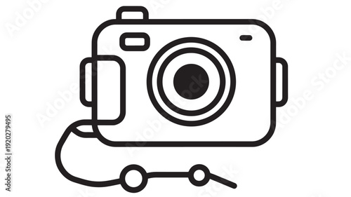 Camera line icon with lens and attached cable, minimal black outline symbol for photography, photo app interface, web UI button, sticker, and infographic use