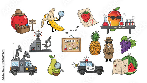 Fruit Detective's Adventures: A whimsical collage of anthropomorphic fruits in detective roles, each embodying curiosity and solving mystery