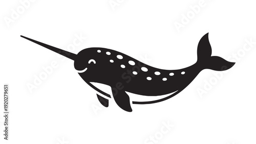 Narwhal silhouette icon with long tusk and spotted body, minimalist marine mammal logo in black on white background, simple underwater wildlife graphic
