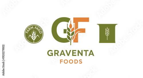 Graventa Foods brand logo designs with GF initials and wheat stalk elements on isolated white background