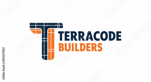 Terracode Builders construction company logo design with abstract letter T and building elements on isolated white background