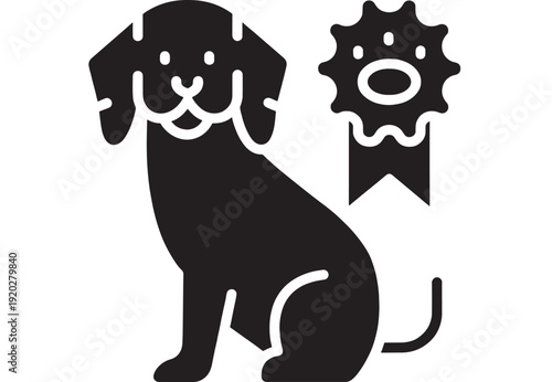 Dog award icon with rosette ribbon prize, pet show winner symbol, black and white silhouette pictogram for kennel club certification, obedience training badge