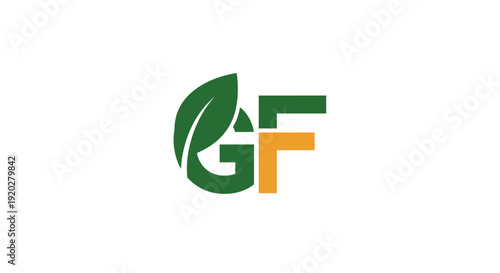 Minimalist GF monogram logo design with green leaf element on isolated white background