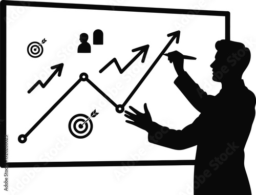 Silhouette of businessman drawing upward trend line graph with targets and icons on whiteboard for business strategy and growth concept.