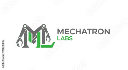 Industrial letter M and L logo with robotic arm gears for mechatronics lab, isolated white background