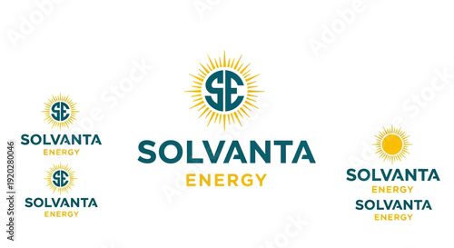 Bright yellow sun rays letter S and E logo for renewable energy company, isolated white background