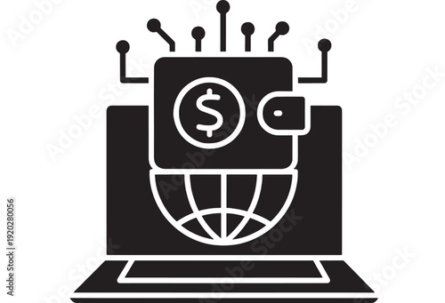 Wallet digital payment icon on laptop screen with globe and currency symbol, fintech e-commerce money transfer concept, black silhouette isolated on white