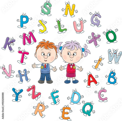 Happy little schoolboy and schoolgirl surrounded by funny cartoony letters from ABC book with alphabet for elementary school, vector illustration on a white background