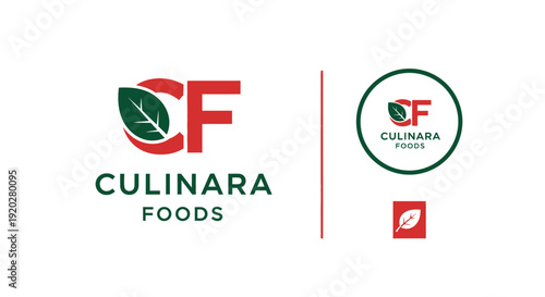 Fresh 'CF' monogram with a green leaf and stylized cutlery, symbolizing organic foods and healthy culinary experiences, isolated white background.