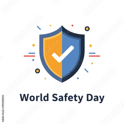 Graphic illustration of a shield with a checkmark for World Safety Day against a white background with colorful geometric shapes.