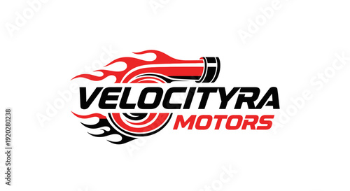Velocityra Motors Automotive Logo, Red Turbo Flame Engine for Vehicle Performance and Speed Brand on isolated white background