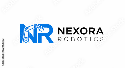Nexora Robotics Modern NR Logo, Blue Robotic Arm Design for Automation Technology Industry on isolated white background