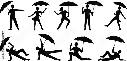People With Umbrellas Silhouette Set Featuring Men And Women Dancing Jumping And Posing In The Rain For Autumn Weather Fashion Protection And
