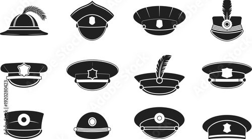 Official Military And Police Hat Silhouette Set Featuring Uniform Caps With Badges And Feathers For Law Enforcement Security Officer Formal Authority And