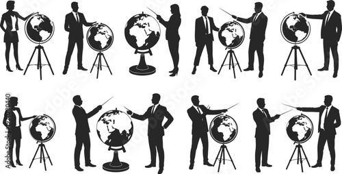 Professional Silhouette Set Featuring Business People And Teachers Presenting World Globes For Geography Education Global Logistics International Travel Marketing And Corporate Training