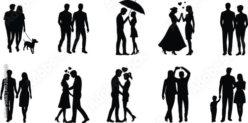 Romantic Couple Silhouette Set Featuring Lovers Walking Holding Hands Hugging With Umbrella And Families For Valentines Day Wedding Engagement Relationship And Love