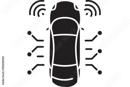Car sensor icon with top view vehicle silhouette, radar waves and proximity detection marks, parking assist and autonomous driving safety technology symbol isolated
