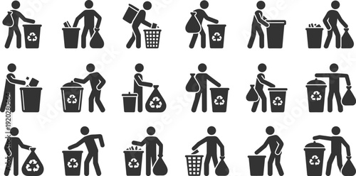 Waste Management Silhouette Set Featuring People Throwing Garbage Into Recycle Bins For Environmental Conservation Sustainability Ecology Trash Disposal Cleaning Services And Green Living