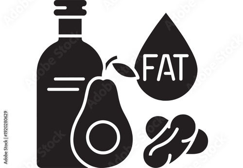 Fat food icon set with oil bottle, avocado, beans and drop symbol, black glyph silhouettes for nutrition label, keto diet, healthy oils concept isolated on white