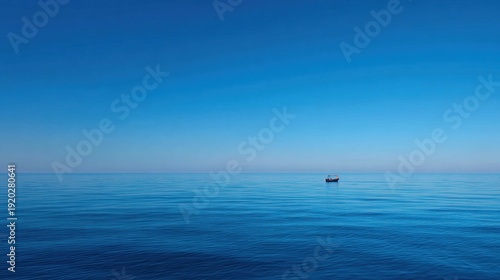 Serene boat amidst gentle ripples. Calm marine environment with soothing blue hues. Quiet small boat floating on unruffled water capturing mood perfect for introspection and relaxation
