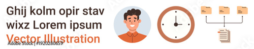 Time management, workflow processes, digital organization, task tracking, productivity, teamwork. Image of a male avatar, clock and files. Time management and workflow processes