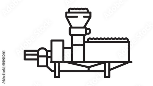 Extruder machine icon in bold outline style showing industrial manufacturing equipment, plastic injection molding press, factory production line symbol isolated