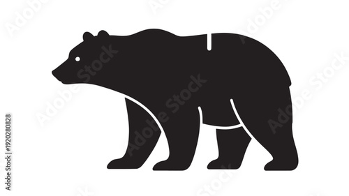 Bear silhouette icon in simple black flat style, walking grizzly profile with minimal details, wildlife animal symbol isolated on white background for logo design