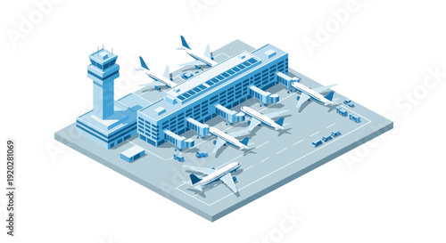 Isometric illustration of an airport with planes on a runway and a control tower