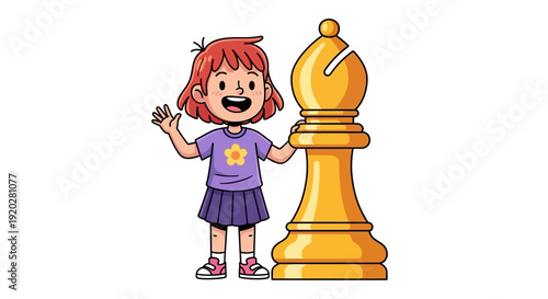 Young girl standing next to a large golden chess queen illustration