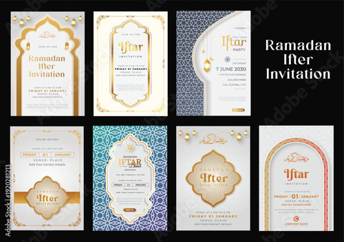Collection of luxury ramadan iftar invitation with decorative ornament pattern moon, mosque dome and lantern