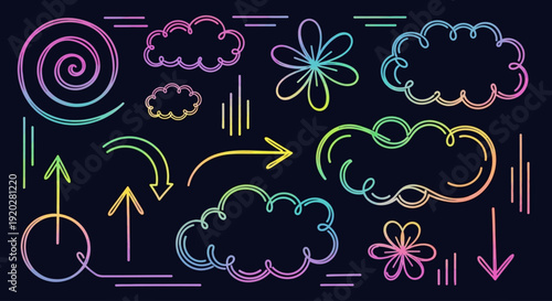 Creative illustration of clouds and flowers with abstract shapes and arrows, viewed from a straightforward perspective.