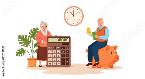 Elderly couple managing finances together with clock in the background