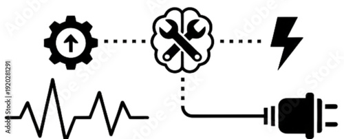 Technical vector image of a human brain connected to mechanical gears and power tools representing artificial intelligence and advanced industrial engineering concepts