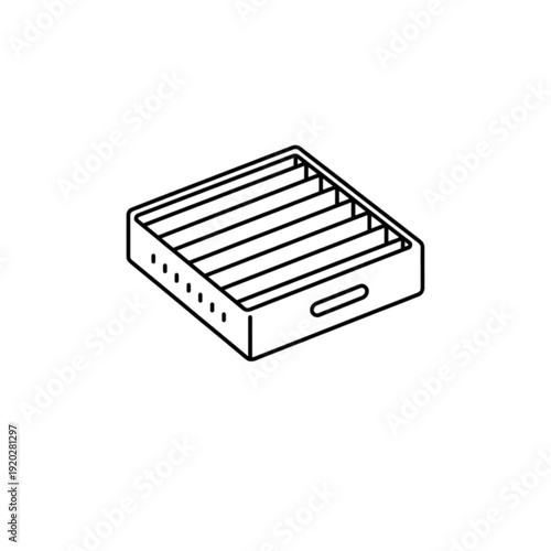 Isometric black and white vector image of a rectangular industrial ventilation filter or metal grating component used in heavy machinery and HVAC