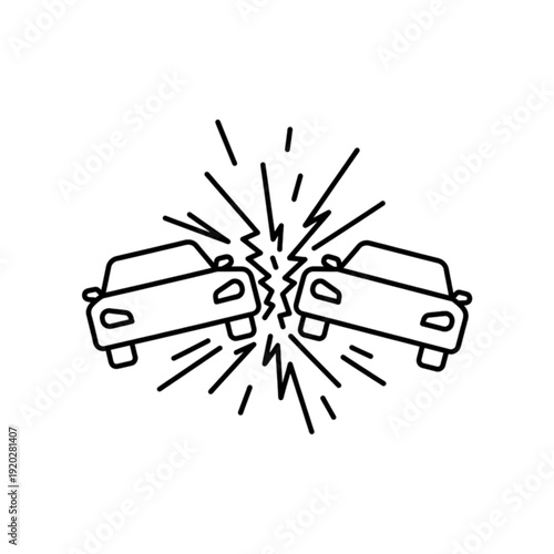 Dynamic vector image depicting a head-on collision between two cars with jagged lines representing the high impact force of a road accident.