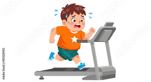 Young boy running on a treadmill with intense expression and dynamic movement indoors