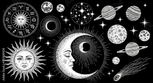 Celestial bodies illustration featuring sun, moon, planets, stars, and zodiac signs in a cosmic environment viewed from a distant perspective
