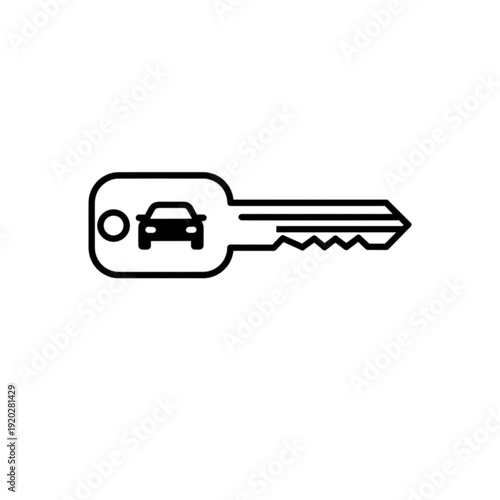 High quality black and white vector image of a classic automotive ignition key featuring a modern sedan car icon on the handle grip area.