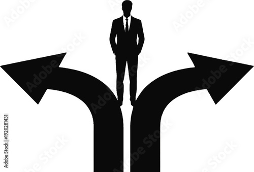 Businessman standing at a crossroads with two diverging arrows, symbolizing choice, decision making, career path, and future direction in business and life.