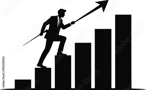 Silhouette of a businessman climbing a rising bar chart, holding an arrow pointing upwards, symbolizing growth, success, and career achievement in business.