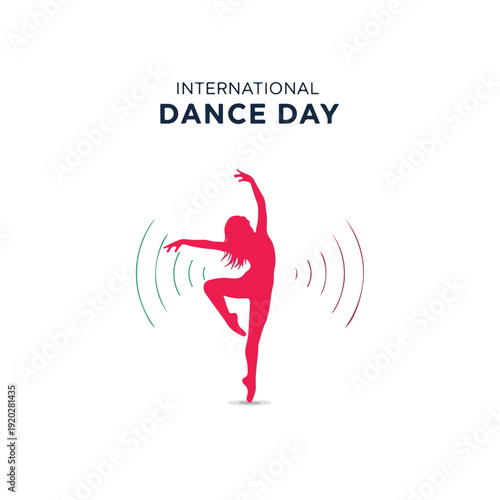 Graphic design featuring a pink silhouette of a dancer in a dynamic pose on International Dance Day with colorful lines, against a white background.